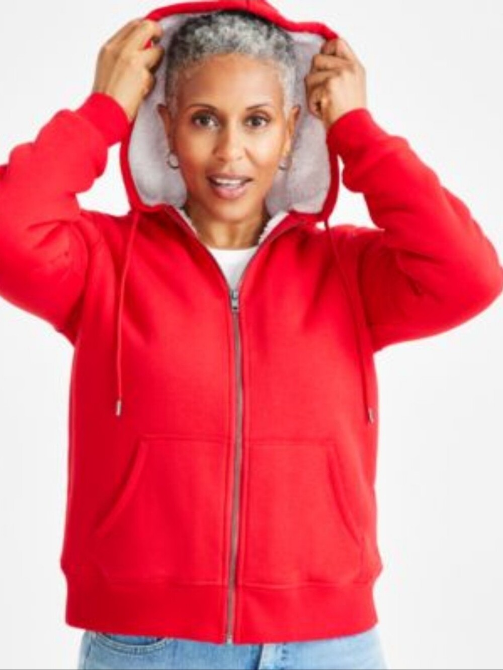 Style & Co Cozy Red Full Zip Hoodie White Sherpa Fleece Lined Sweatshirt XL